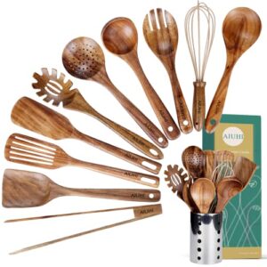 Kitchen Utenails Set with Holder,Kitchen Wooden Utensils for Cooking , Wood Utensil Natural Teak Wood Spoons for Cooking,Wooden Kitchen Utensil Set With Spatula and Ladle (11)