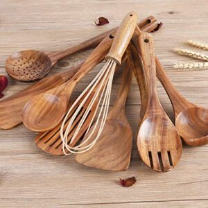 Kitchen Utenails Set with Holder,Kitchen Wooden Utensils for Cooking , Wood Utensil Natural Teak Wood Spoons for Cooking,Wooden Kitchen Utensil Set With Spatula and Ladle (11)