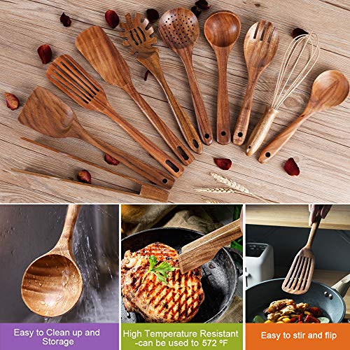 Kitchen Utenails Set with Holder,Kitchen Wooden Utensils for Cooking , Wood Utensil Natural Teak Wood Spoons for Cooking,Wooden Kitchen Utensil Set With Spatula and Ladle (11)