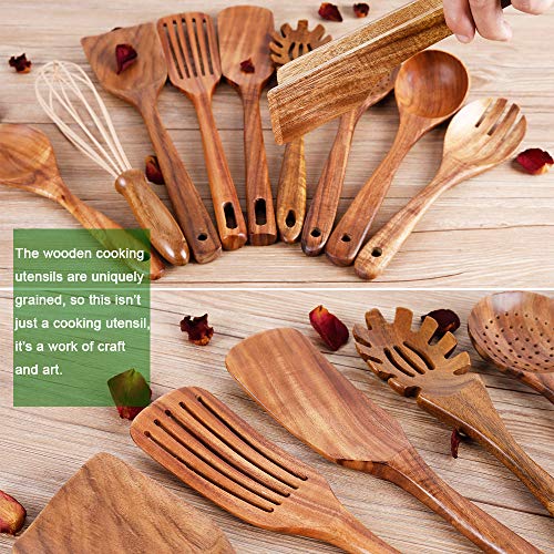Kitchen Utenails Set with Holder,Kitchen Wooden Utensils for Cooking , Wood Utensil Natural Teak Wood Spoons for Cooking,Wooden Kitchen Utensil Set With Spatula and Ladle (11)