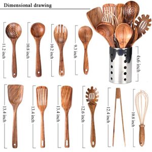 Kitchen Utenails Set with Holder,Kitchen Wooden Utensils for Cooking , Wood Utensil Natural Teak Wood Spoons for Cooking,Wooden Kitchen Utensil Set With Spatula and Ladle (11)