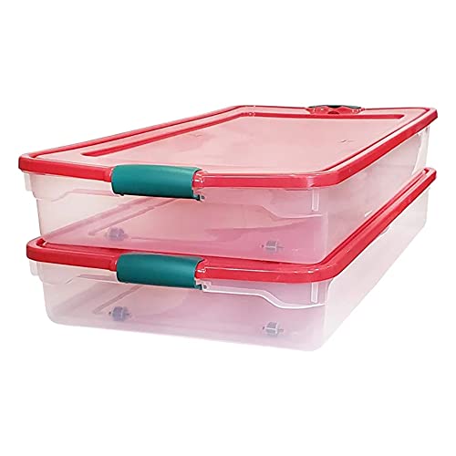 HOMZ 60-Quart Latching Holiday Underbed Durable Storage Organizer Container Box Tote with Easy Grip Handles and Glide Wheels, Clear (2 Pack)