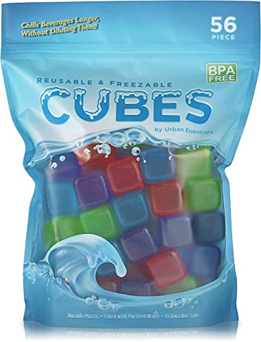 Urban Essentials Reusable Ice Cubes - Quick Freeze Colorful Plastic Square Ice cubes With Resealable Bag Assorted Colors Pack Of 56