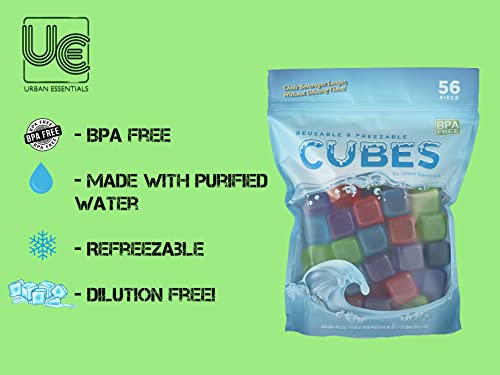 Urban Essentials Reusable Ice Cubes - Quick Freeze Colorful Plastic Square Ice cubes With Resealable Bag Assorted Colors Pack Of 56