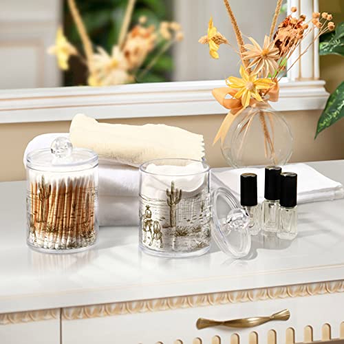 Nander 2Pack Qtip Holder Dispenser -Horse and Cactus Clear Plastic Apothecary Jars Set - Restroom Bathroom Makeup Organizers Containers for Cotton Swab, Ball, Pads, Floss