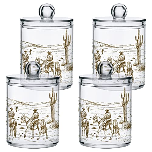 Nander 2Pack Qtip Holder Dispenser -Horse and Cactus Clear Plastic Apothecary Jars Set - Restroom Bathroom Makeup Organizers Containers for Cotton Swab, Ball, Pads, Floss