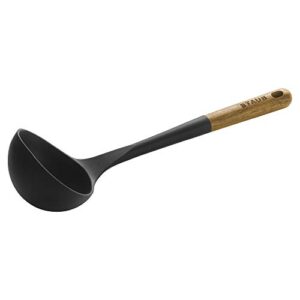staub soup ladle, perfect for serving hot soup, portion batter for pancakes, and sauce pasta, durable bpa-free matte black silicone, acacia wood handles, safe for nonstick cooking surfaces