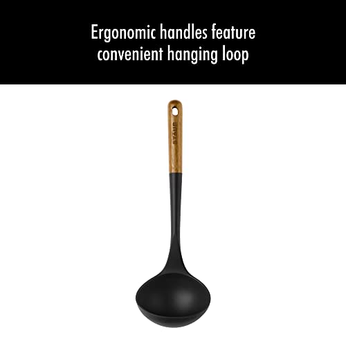 STAUB Soup Ladle, Perfect for Serving Hot Soup, Portion Batter for Pancakes, and Sauce Pasta, Durable BPA-Free Matte Black Silicone, Acacia Wood Handles, Safe for Nonstick Cooking Surfaces