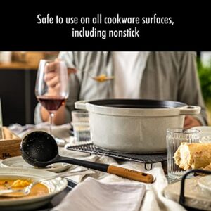 STAUB Soup Ladle, Perfect for Serving Hot Soup, Portion Batter for Pancakes, and Sauce Pasta, Durable BPA-Free Matte Black Silicone, Acacia Wood Handles, Safe for Nonstick Cooking Surfaces