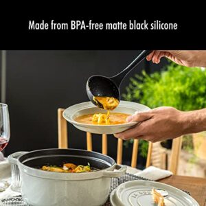 STAUB Soup Ladle, Perfect for Serving Hot Soup, Portion Batter for Pancakes, and Sauce Pasta, Durable BPA-Free Matte Black Silicone, Acacia Wood Handles, Safe for Nonstick Cooking Surfaces