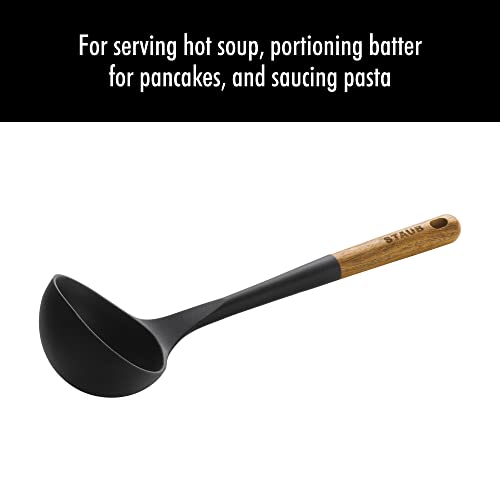 STAUB Soup Ladle, Perfect for Serving Hot Soup, Portion Batter for Pancakes, and Sauce Pasta, Durable BPA-Free Matte Black Silicone, Acacia Wood Handles, Safe for Nonstick Cooking Surfaces