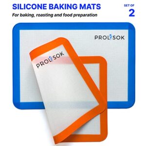 PROLISOK Silicone Baking Mat Pack of 2 – Non-stick Reusable Baking Liners – Food Grade Safe Blue & Orange Oven Mats for Cookies, Macarons & Pastry – 2 Flexible Cooking Mats for Half Baking Sheets