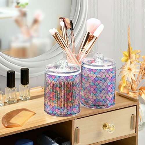 ALAZA 4 Pack Qtip Holder Dispenser Mermaid Fish Scale Bathroom Organizer Canisters for Cotton Balls/Swabs/Pads/Floss,Plastic Apothecary Jars for Vanity