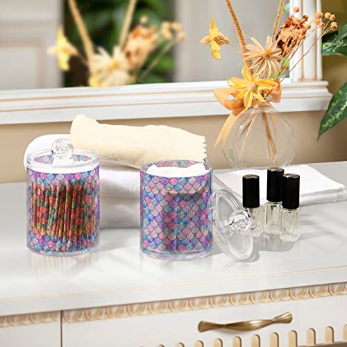 ALAZA 4 Pack Qtip Holder Dispenser Mermaid Fish Scale Bathroom Organizer Canisters for Cotton Balls/Swabs/Pads/Floss,Plastic Apothecary Jars for Vanity