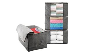 eternal living blanket storage bags set of 4 with zipper & window, large capacity breathable clothes bag organizer for comforters, blankets, bedding - handles and 4 packs (grey)