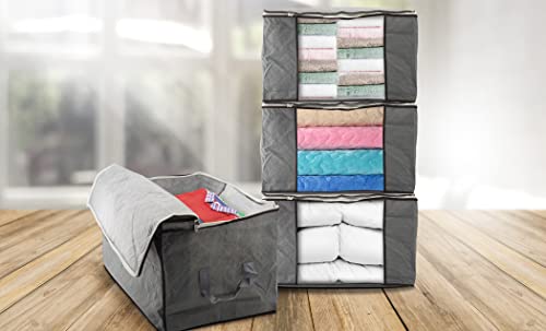 Eternal Living Blanket Storage Bags Set of 4 with Zipper & Window, Large Capacity Breathable Clothes Bag Organizer for Comforters, Blankets, Bedding - Handles and 4 Packs (Grey)