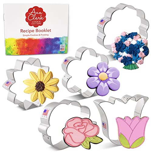 Ann Clark Cookie Cutters 5-Piece Summer Flowers Cookie Cutter Set with Recipe Booklet, Rose, Sunflower, Tulip, Flower Bouquet