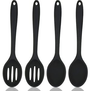 4 pieces silicone cooking spoons set silicone serving spoon silicone nonstick mixing spoons slotted spoons large nonstick heat resistant spoons for kitchen cooking bake stir draining tool (black)