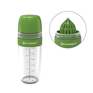 2 in 1 salad dressing shaker container with citrus juicer, dripless pour, leak-free, soft grip, dishwasher safe, bpa free, homemade salad dressing bottle mixer measure, 350ml (1-1/2 cups)