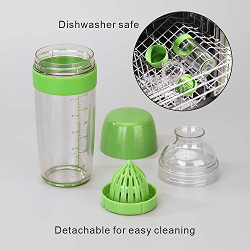 2 in 1 Salad Dressing Shaker Container with Citrus Juicer, Dripless Pour, Leak-free, Soft Grip, Dishwasher Safe, BPA Free, Homemade Salad Dressing Bottle Mixer Measure, 350ml (1-1/2 Cups)