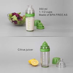 2 in 1 Salad Dressing Shaker Container with Citrus Juicer, Dripless Pour, Leak-free, Soft Grip, Dishwasher Safe, BPA Free, Homemade Salad Dressing Bottle Mixer Measure, 350ml (1-1/2 Cups)