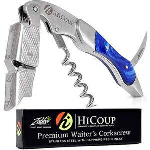 hicoup wine opener - professional corkscrews for wine bottles w/ foil cutter and cap remover - manual wine key for servers, waiters, bartenders and home use - stainless steel w/ sapphire resin inlay