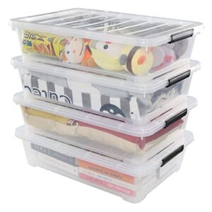 annkkyus 40 quarts plastic under bed storage boxes with wheels, large shallow container bins set of 4