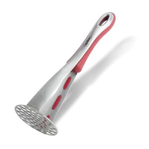 zyliss stainless steel potato masher - stainless steel metal potato & vegetable masher - silicone bowl scraper & integrated hanging hook - stainless steel
