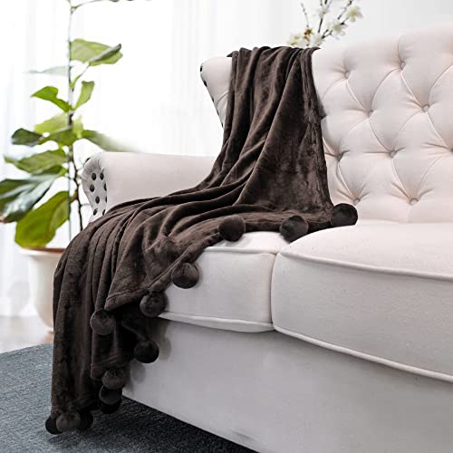 Home Soft Things Pompom Bed Couch Throw Blanket, 50'' x 60'', Chocolate, Fuzzy Soft Comfy Warm Decorative Throw Blanket for Living Room Bedroom Suitable for All Seasons