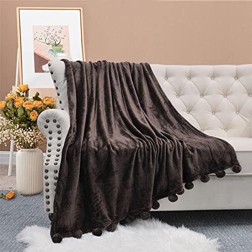 Home Soft Things Pompom Bed Couch Throw Blanket, 50'' x 60'', Chocolate, Fuzzy Soft Comfy Warm Decorative Throw Blanket for Living Room Bedroom Suitable for All Seasons