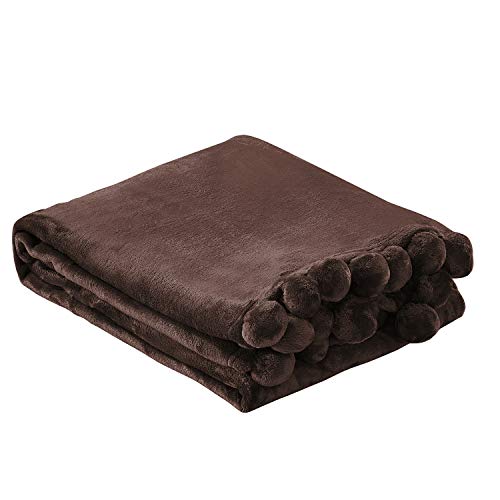 Home Soft Things Pompom Bed Couch Throw Blanket, 50'' x 60'', Chocolate, Fuzzy Soft Comfy Warm Decorative Throw Blanket for Living Room Bedroom Suitable for All Seasons