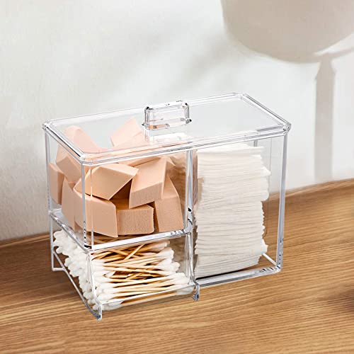 Cotton Swab Holder Makeup Organizer Clear Acrylic Cotton Ball / Sponge /Q-tip Holder and Cotton Pad Holder with Lids for Bathroom Containers Dispenser Holder, 3 Divided Sections