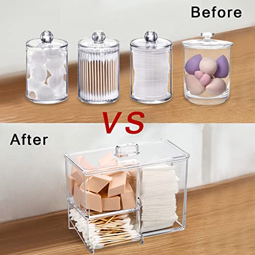 Cotton Swab Holder Makeup Organizer Clear Acrylic Cotton Ball / Sponge /Q-tip Holder and Cotton Pad Holder with Lids for Bathroom Containers Dispenser Holder, 3 Divided Sections