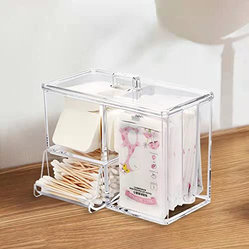 Cotton Swab Holder Makeup Organizer Clear Acrylic Cotton Ball / Sponge /Q-tip Holder and Cotton Pad Holder with Lids for Bathroom Containers Dispenser Holder, 3 Divided Sections