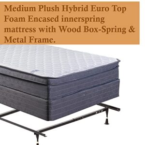 Mattress Solution Medium Plush Foam Encased Hybrid Eurotop Pillowtop Innerspring Mattress And 4" Wood Low Profile Boxspring/Foundation Set, With Frame, Twin Size
