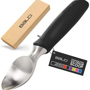 BALCI Ice Cream Scoop - Heavy Duty Stainless Steel Icecream Scooper With Non-Slip Rubber Grip - Professional Metal Ice-Cream Spade - Dishwasher Safe – Black