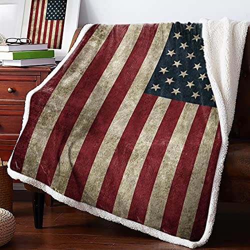 US Flag Sherpa Fleece Blanket, Super Thick and Warm Cozy Luxury Blanket 60"x80", Vintage American Flag Fourth of July Independence Day Themed Bed Blanket, Fluffy Microfiber Throw Blanket for Couch