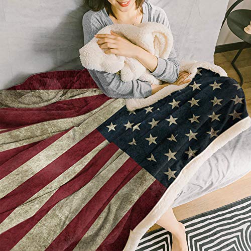 US Flag Sherpa Fleece Blanket, Super Thick and Warm Cozy Luxury Blanket 60"x80", Vintage American Flag Fourth of July Independence Day Themed Bed Blanket, Fluffy Microfiber Throw Blanket for Couch