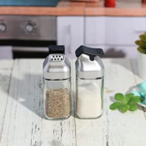 J&M Design Glass Salt and Pepper Shakers Set with Moisture Free Plastic Flip Lid for Kitchen Countertop or Travel Spice Seasoning Use - Set Of 2 Refillable Bottle Dispenser Container Shaker