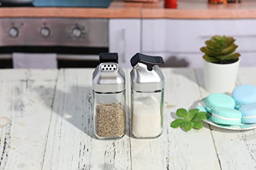 J&M Design Glass Salt and Pepper Shakers Set with Moisture Free Plastic Flip Lid for Kitchen Countertop or Travel Spice Seasoning Use - Set Of 2 Refillable Bottle Dispenser Container Shaker