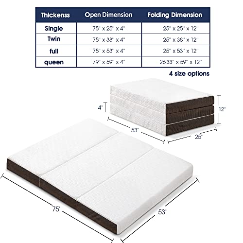 BedLuxury 4 Inch Tri Folding Mattress Full Size with Storage Bag, Foldable Memory Foam Topper Portable Floor Guest Bed with Removable Bamboo Cover, Breathable Washable