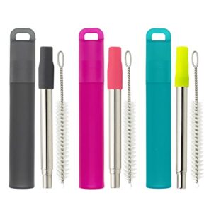 metal reusable straws, 3 pack collapsible portable stainless steel straws, with plastic housing silicone tips and cleaning brush, retractable portable pocket drinking straws