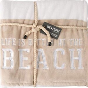 Pavilion Gift Company Life is Better at The Beach-Tan & White Super Soft 50 x 60 Inch Striped Throw Embroidered Text 50" x 60" Royal Plush Blanket, Beige