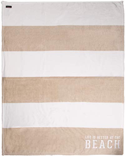 Pavilion Gift Company Life is Better at The Beach-Tan & White Super Soft 50 x 60 Inch Striped Throw Embroidered Text 50" x 60" Royal Plush Blanket, Beige