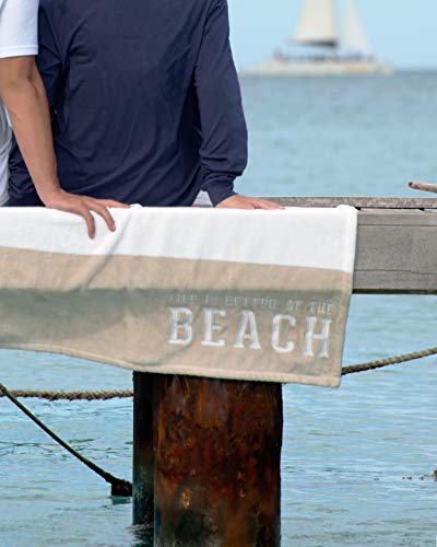 Pavilion Gift Company Life is Better at The Beach-Tan & White Super Soft 50 x 60 Inch Striped Throw Embroidered Text 50" x 60" Royal Plush Blanket, Beige