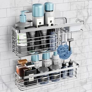 shower caddy adhesive shower organizer with hooks&soap holder,no drilling stainless steel bathroom organizers,rustproof wall-mounted shower shelf for inside shower rack,bathroom-2 pack(silver)