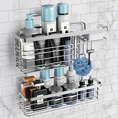 Shower Caddy Adhesive Shower Organizer with Hooks&Soap Holder,No Drilling Stainless Steel Bathroom Organizers,Rustproof Wall-Mounted Shower Shelf for Inside Shower Rack,Bathroom-2 Pack(Silver)