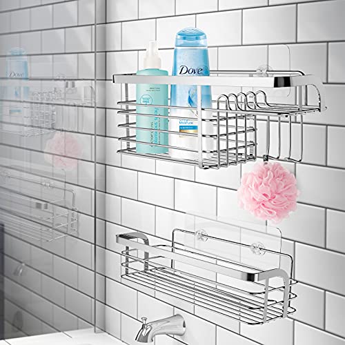 Shower Caddy Adhesive Shower Organizer with Hooks&Soap Holder,No Drilling Stainless Steel Bathroom Organizers,Rustproof Wall-Mounted Shower Shelf for Inside Shower Rack,Bathroom-2 Pack(Silver)