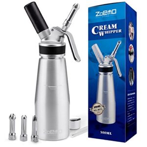 zoemo profesional whipped cream dispenser - ugraded full metal cream whipper canister, w/durable metal body & head with 3 stainless steel decorating tips (professional silver 500 ml)