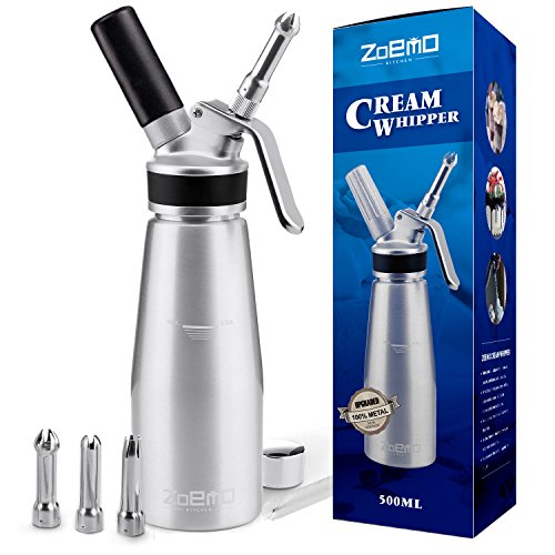 ZOEMO Profesional Whipped Cream Dispenser - Ugraded Full Metal Cream Whipper Canister, w/Durable Metal Body & Head with 3 Stainless Steel Decorating Tips (Professional Silver 500 ML)